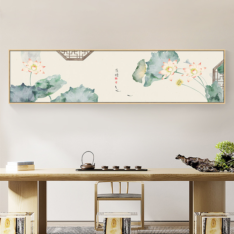 卧室床头水墨荷花装饰画中国风客厅茶室挂画沙发背景墙面横幅壁画图片