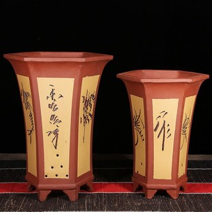 紫砂兰花盆大号出汗泥透气紫砂花盆方形六角六方花盆包邮