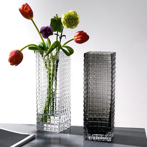 极速】客厅插花摆件水培富贵竹百合花瓶欧式网格玻璃半透明花器