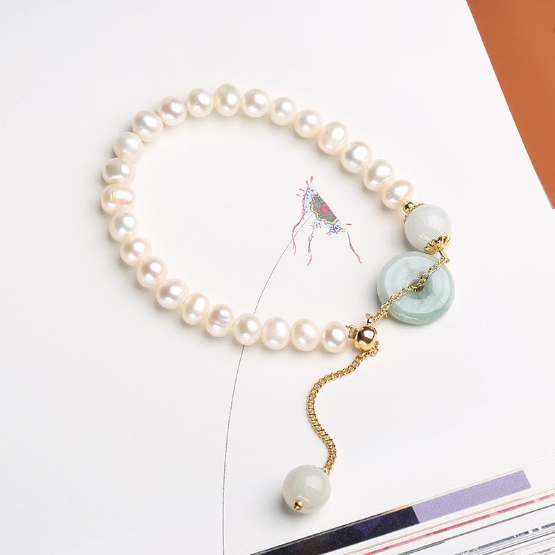 手链天然平安小众扣14k金女简约设计和田玉珍珠翡翠包玉石手串手