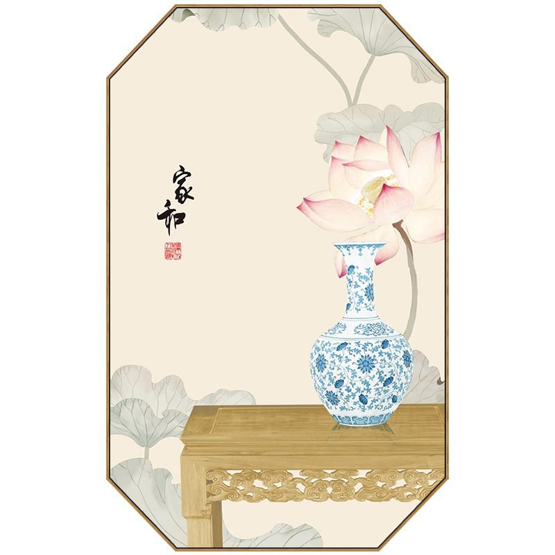 入户玄关装饰走廊过道墙面挂画新中式客厅卧室餐厅八边形壁画荷花图片