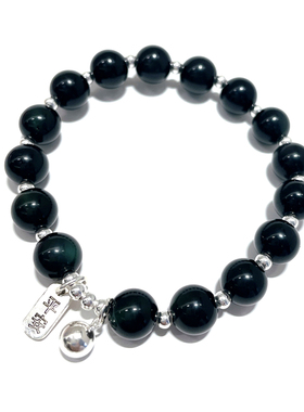 天然彩虹眼黑曜石手链纯银铃铛有声音吊坠百搭暗黑风酷女孩本命年