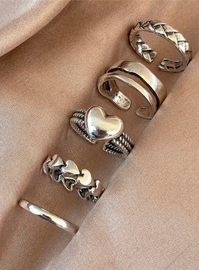 新品Vintage Punk Heart Opening Rings Set For Women Men 5PCS