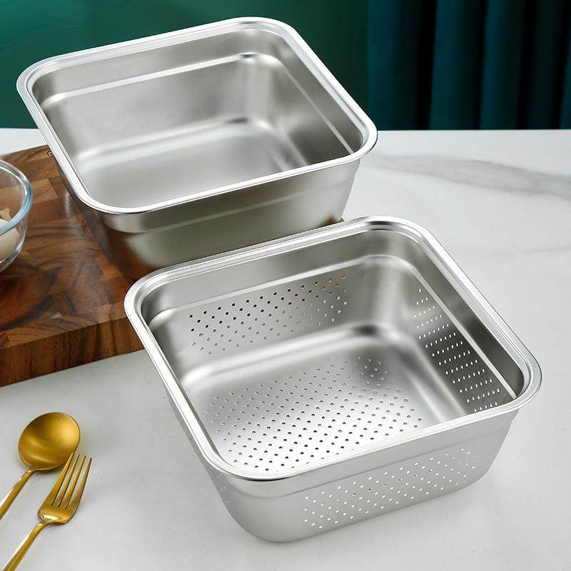 不锈钢方盆洗菜盆汤盆快餐盆米筛冲孔方形漏盆沥水盆面盆麻辣烫碗