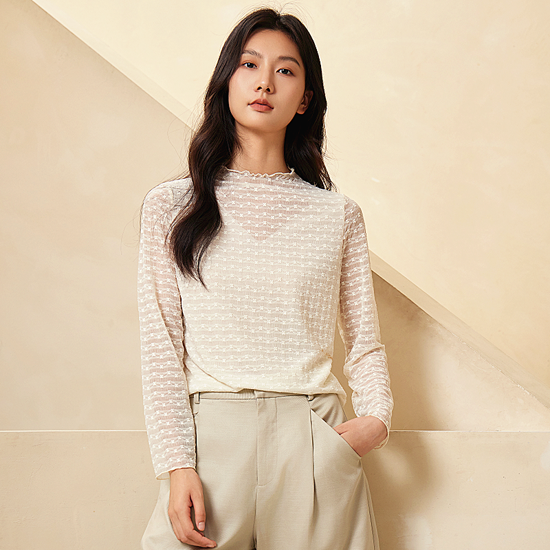 女士时尚蕾丝小衫内层网纱打底衫