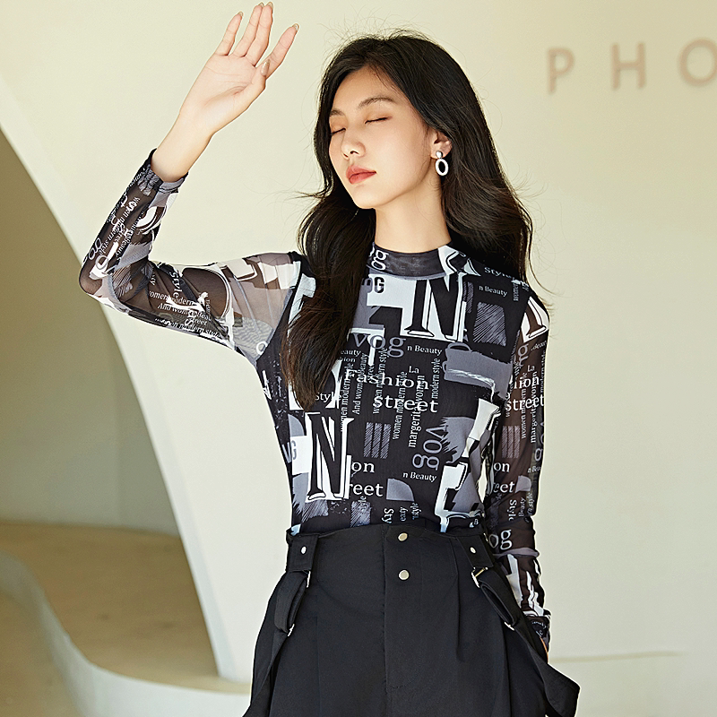 春夏款女网纱花衫修身透气打底衫