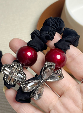 安可雷红色仿珠发绳蝴蝶结闪钻头绳黑色高弹力扎马尾小肠圈皮