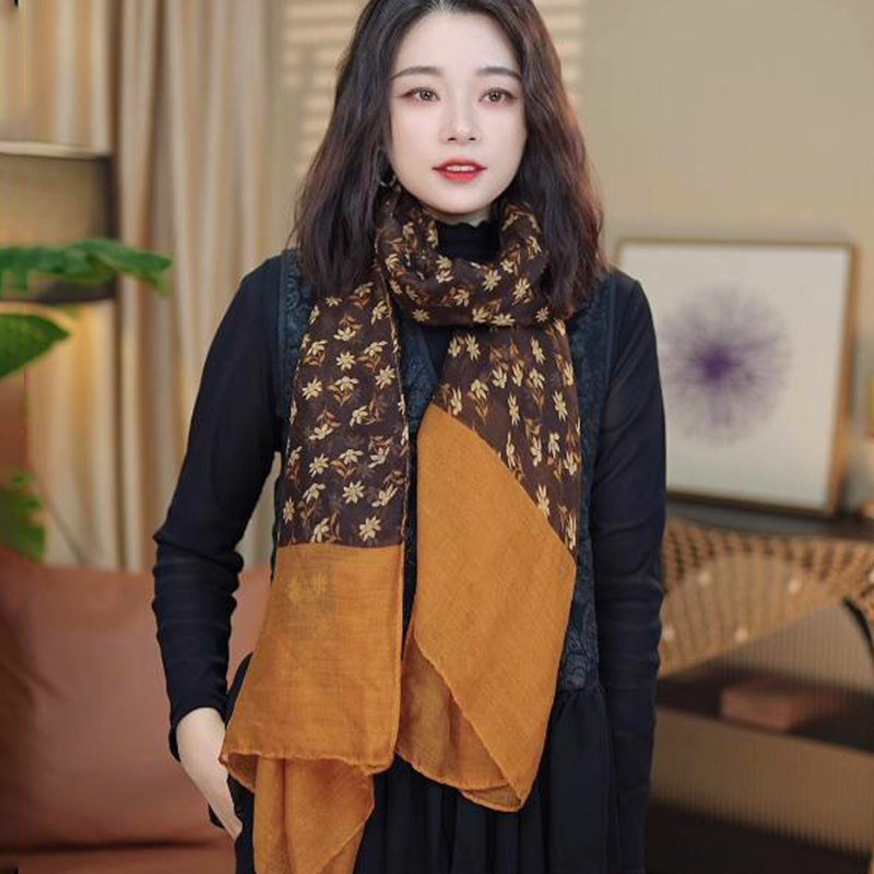 2025新款复古围巾女士春秋保暖围脖时尚文艺洋气棉麻印花长款丝巾