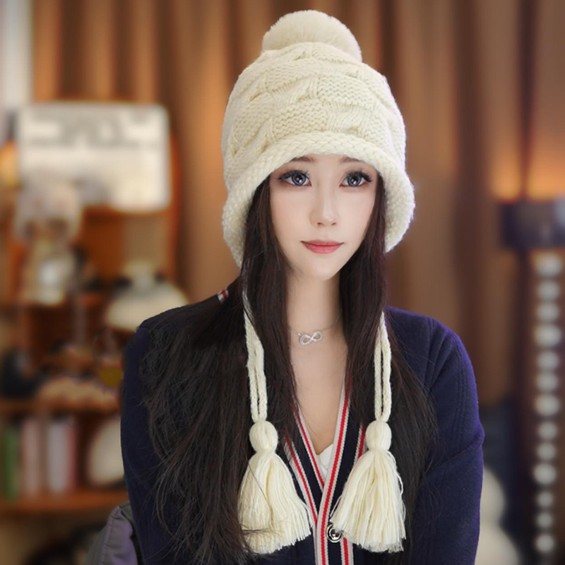 手工编织帽子女冬季保暖护耳包头帽堆堆帽大毛球流苏针织毛线帽女