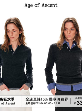 Age of Ascent 冬季经典高智风假两件撞色V领羊毛套头上衣毛衣女