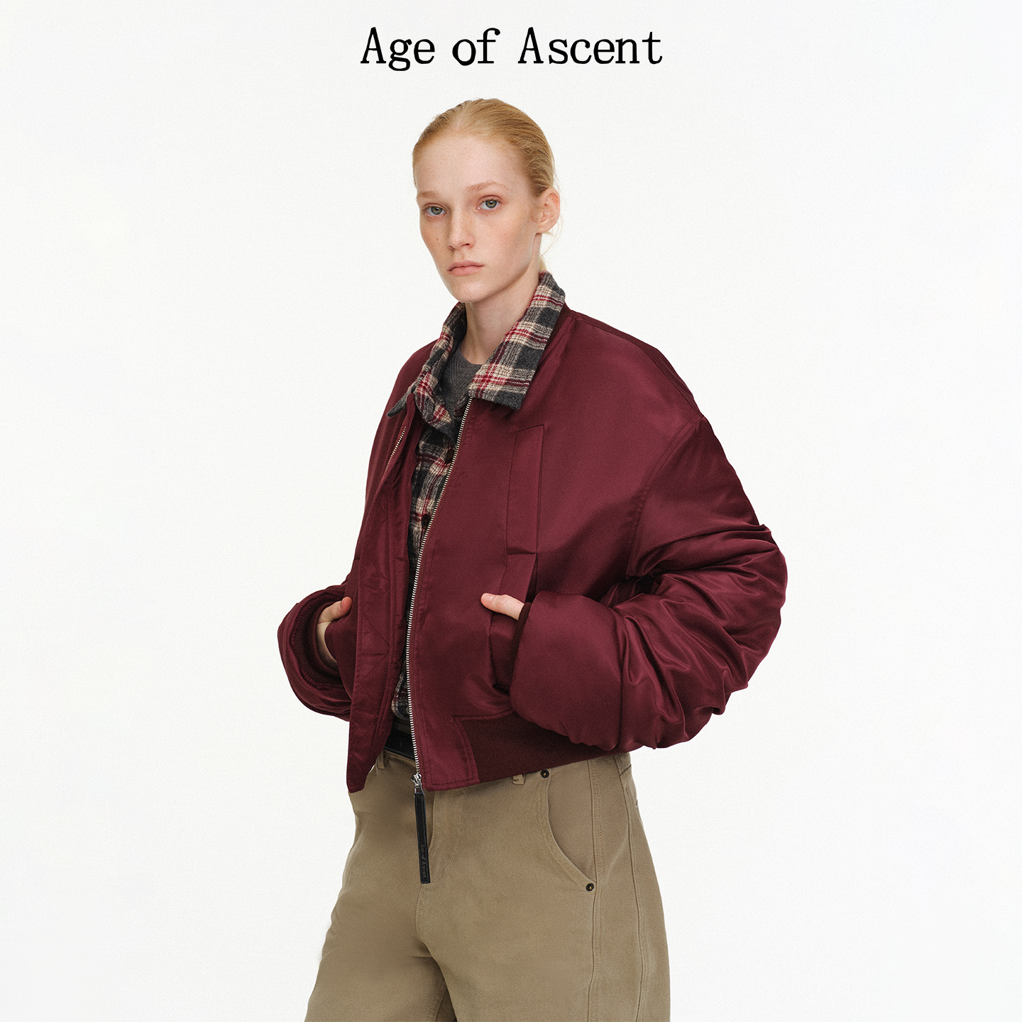 Age of Ascent 酒红宽松飞行棉服 复古棒球领短款夹克廓形外套