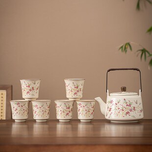 陶瓷家用A个性 米黄提梁壶功夫茶具套装 创意泡茶壶茶杯整套简约现