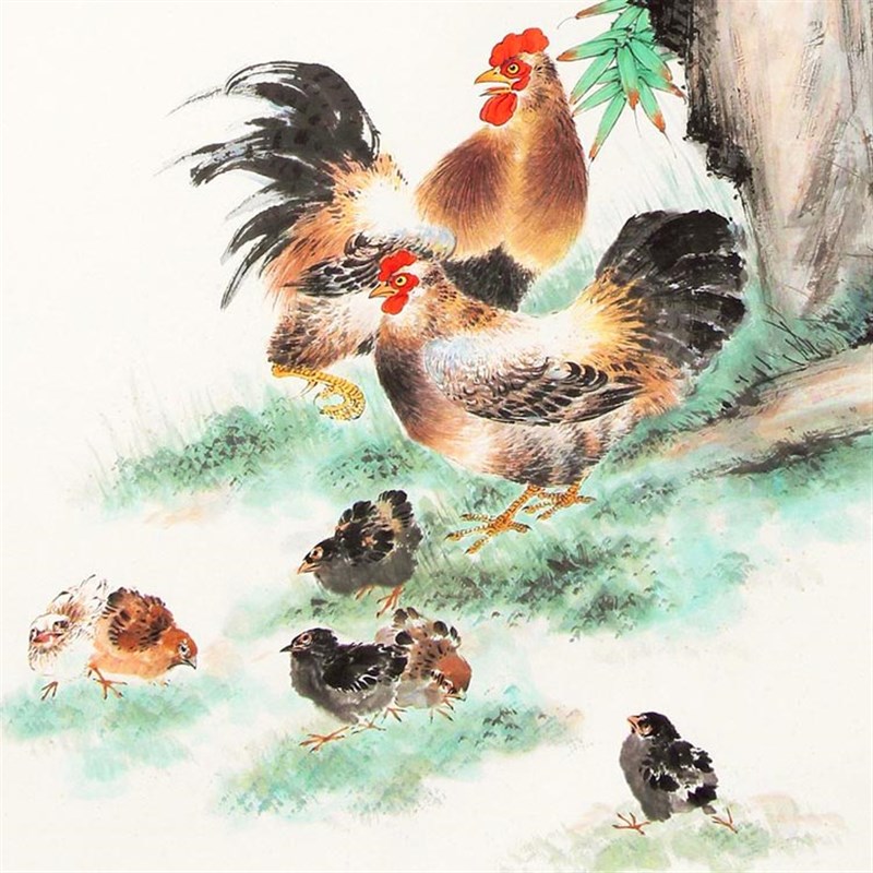 颜伯龙公鸡母鸡小鸡图 玄关书z房客厅装饰画 国画丝绸画挂画定制图片