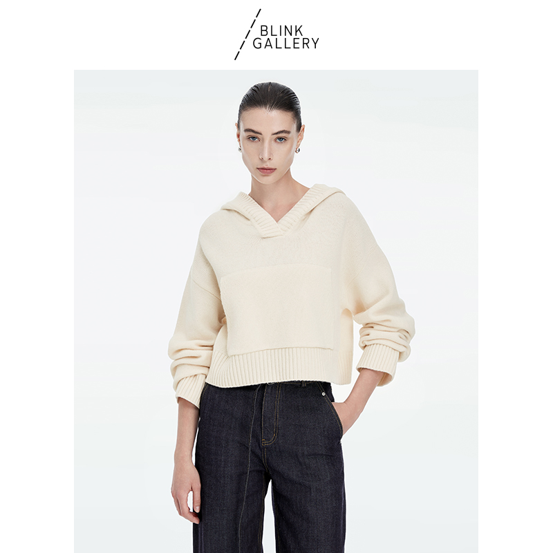BLINK/女装连帽羊毛针织衫经典百搭截短套头短款毛衫毛衣白色口袋
