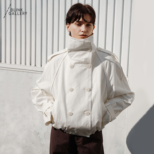 BLINK 廓型风衣外套 水洗棉复古设计感烟囱领双排扣短款