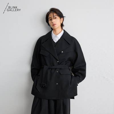 BLINK/精纺羊毛英伦经典翻领工装风中长款戗驳领西装风衣外套系带