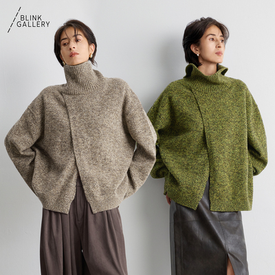 BLINK/100澳洲美丽诺绵羊毛前开叉高领花纱毛衫毛衣套头正反两穿