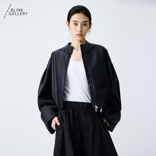 BLINK/环保皮革与莱赛尔混纺短款廓形夹克廓形利落短外套