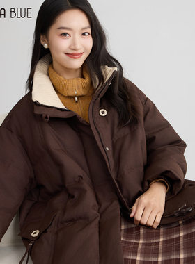 SeRina Blue商场同款2025冬季新款保暖拼色立领羽绒服女士短外套
