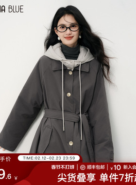 SeRinaBlue2025冬季新款撞色连帽设计感小众中长款女士羽绒服外套