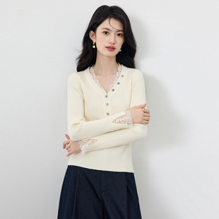 清仓秋春！SeRina Blue沙芮娜甜美蕾丝拼接边薄款针织衫女上衣