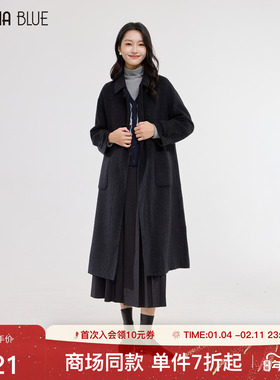 SeRina Blue商场同款2025冬季中长款羊毛双面呢大衣女士毛呢外套
