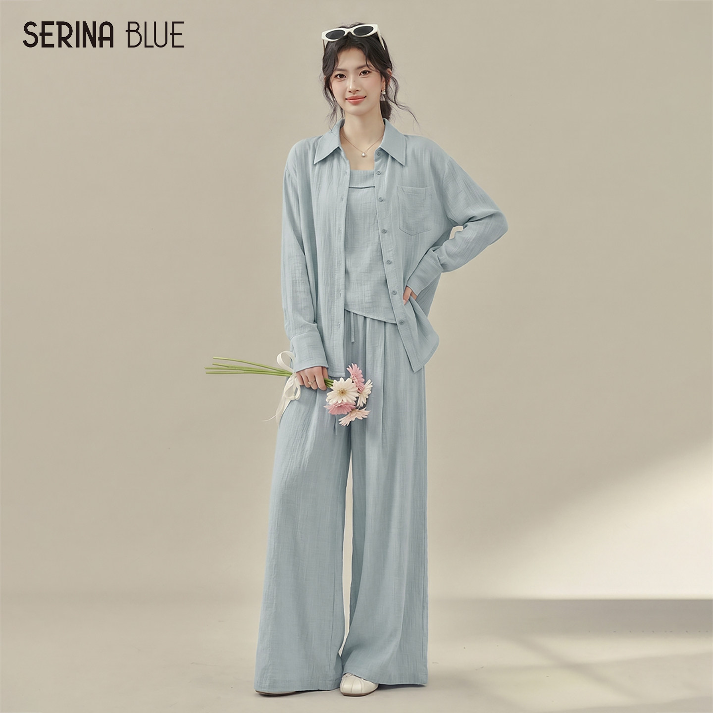 SeRinaBlue2026夏季新款宽松型衬衫吊带阔腿裤三件套女士休闲套装