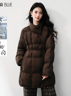 SeRina Blue2025冬季新款加厚90鸭绒外套女中长款保暖收腰羽绒服