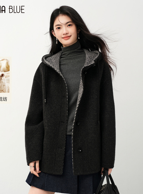 SeRinaBlue2026秋春季新款气质连帽短外套女双面呢子短款羊毛大衣