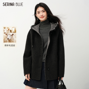 羊毛大衣 气质连帽短外套女双面呢子短款 SeRinaBlue2025秋冬季 新款