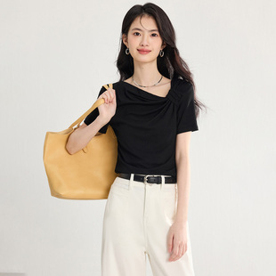 短袖 SeRina 设计感舒适百搭凉爽冰丝女式 新款 T恤上衣 Blue2025夏季