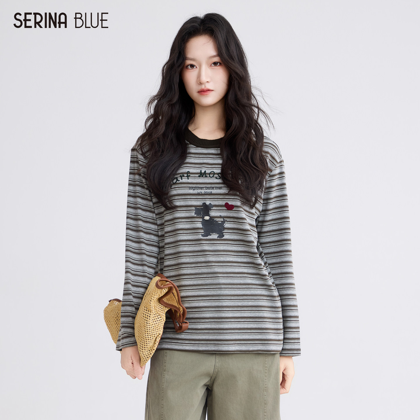 SeRina Blue商场同款2026秋季新款条纹小狗刺绣长袖T恤女上衣外穿