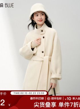 SeRinaBlue春季新款100%羊毛超好看双面呢外套立领气质羊毛大衣女