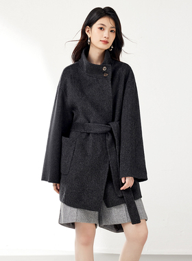 SeRina Blue2025秋季新韩系立领气质中长款含绵羊毛女士毛呢外套