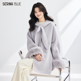 毛毛袖 新款 口连帽女士双面羊毛气质大衣外套 Blue2025年冬季 SeRin