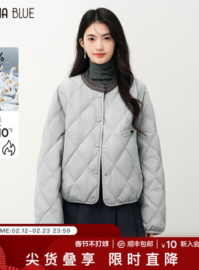 SeRinaBlue2025年针织小圆领灰色格子短款羽绒服女款冬季新款外套