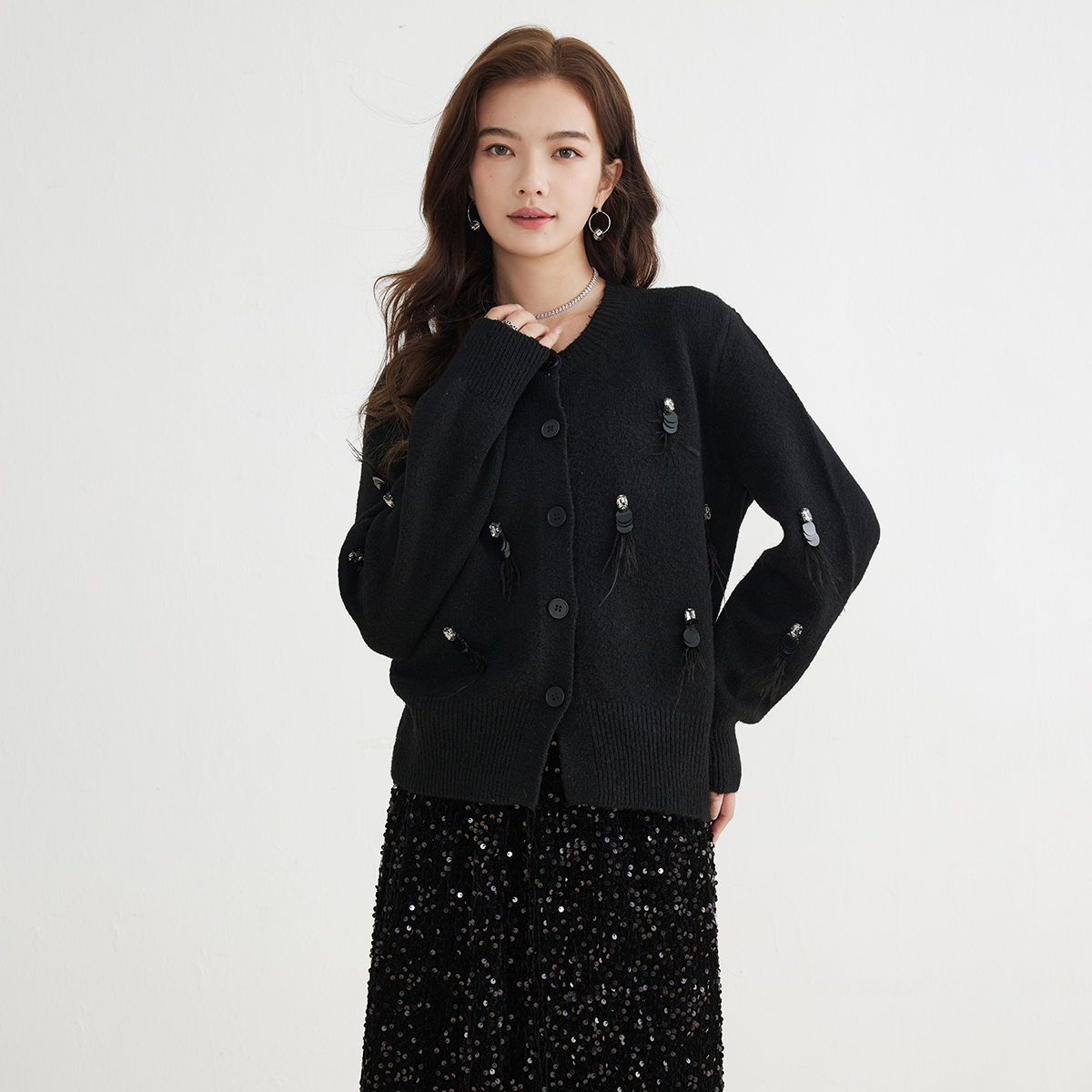 SeRinaBlue流苏亮片针织衫