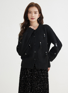 SeRina Blue沙芮娜2025秋季新款圆领小香风流苏亮片针织衫外套女