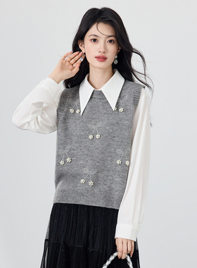 SeRina Blue沙芮娜2025新款圆领无袖针织套头针织衫马夹女上衣秋