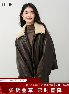 SeRinaBlue2025冬季新款防风保暖白色毛领PU皮女士短款羽绒服外套