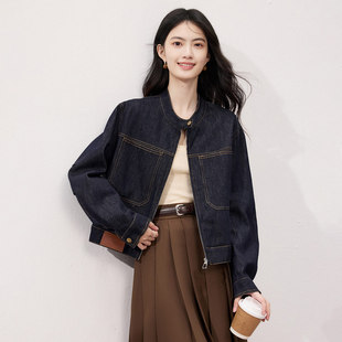 气质休闲圆领短外套上衣 秋季 SeRina Blue水洗牛仔外套女2025新款