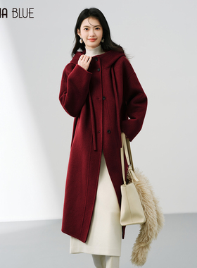 SeRina Blue2025冬季过年穿红色连帽女士羊毛呢子女气质长款外套