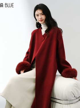 SeRina Blue2025冬季新款高级感100%羊毛长款毛呢外套女羊毛大衣