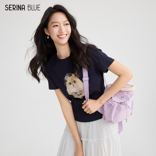 SeRinaBlue猫咪图案印花女士t恤