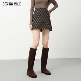 百搭气质格纹拼接高腰显瘦A字半身裙女 新款 SeRina Blue2025年冬季