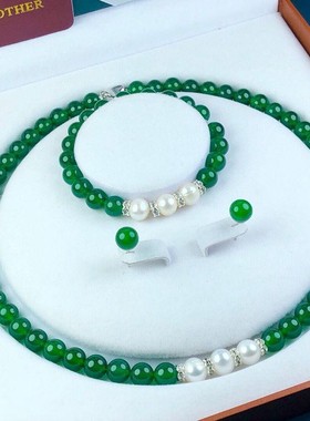 珍珠项链玉髓妈妈母亲节链套装淡水礼物手链天然绿玛瑙颈链圆女送
