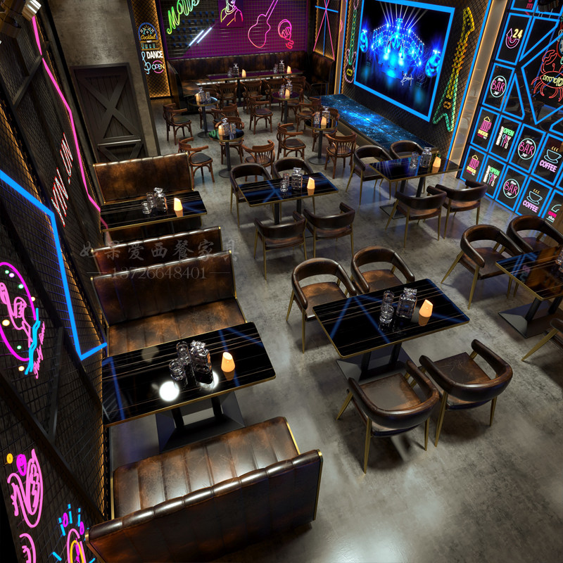 复古工业风清吧卡座酒吧桌椅餐厅咖啡馆U型转角靠背沙发桌椅组合