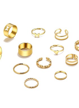叨个性蝴蝶戒指镂空爱心关节戒指合金简约开口戒指套装12件