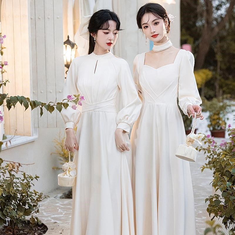现货速发长袖伴娘服2025香槟色缎面高级感小众仙气秋冬季姐妹团晚