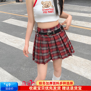 速发JK格子复带百褶裙美式腰古红格半身裙学院风高走防腰光短裙